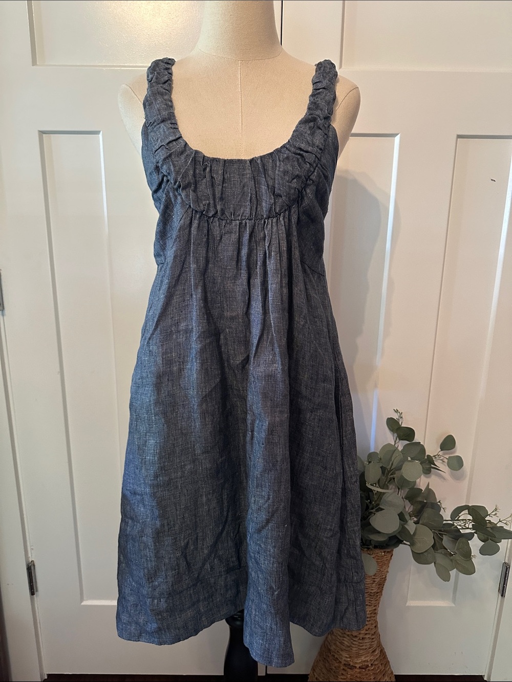 Anthropologie Staci Woo Souvenir Ed. Blue Chambray linen 3 midi pockets Sundress - Picture 11 of 11